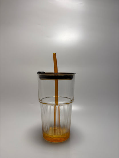 Ribbed Drinking Glasses with Bamboo Lids and Straws