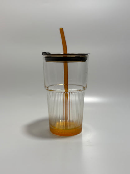 Ribbed Drinking Glasses with Bamboo Lids and Straws