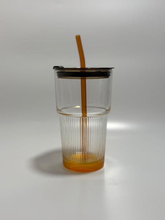 Ribbed Drinking Glasses with Bamboo Lids and Straws