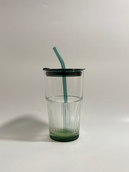 Ribbed Drinking Glasses with Bamboo Lids and Straws