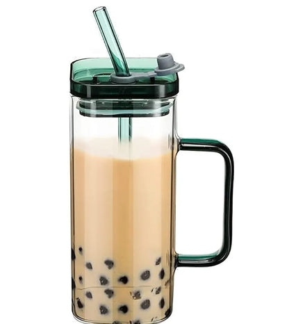 Square Glass Tumbler with Straw & Handle