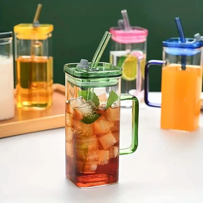 Square Glass Tumbler with Straw & Handle