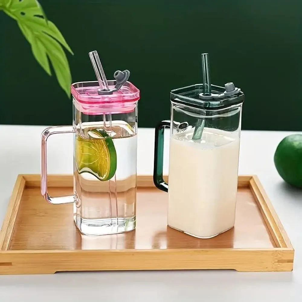Square Glass Tumbler with Straw & Handle
